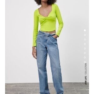 New Zara Lime Green Long Sleeve Knotted Crop Top Size Small